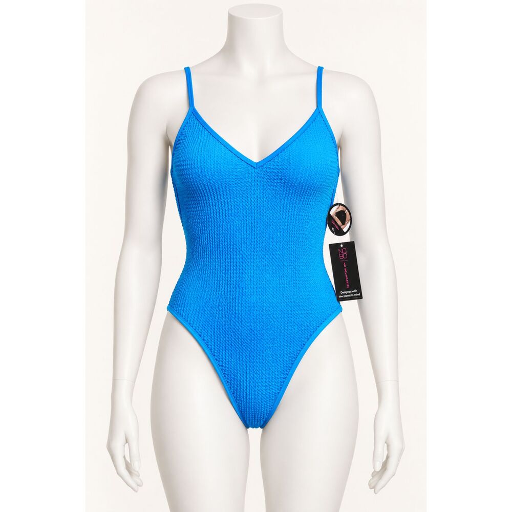 NWT No Boundaries Women’s S Blue Textured High Leg One Piece Swimsuit Tie Back